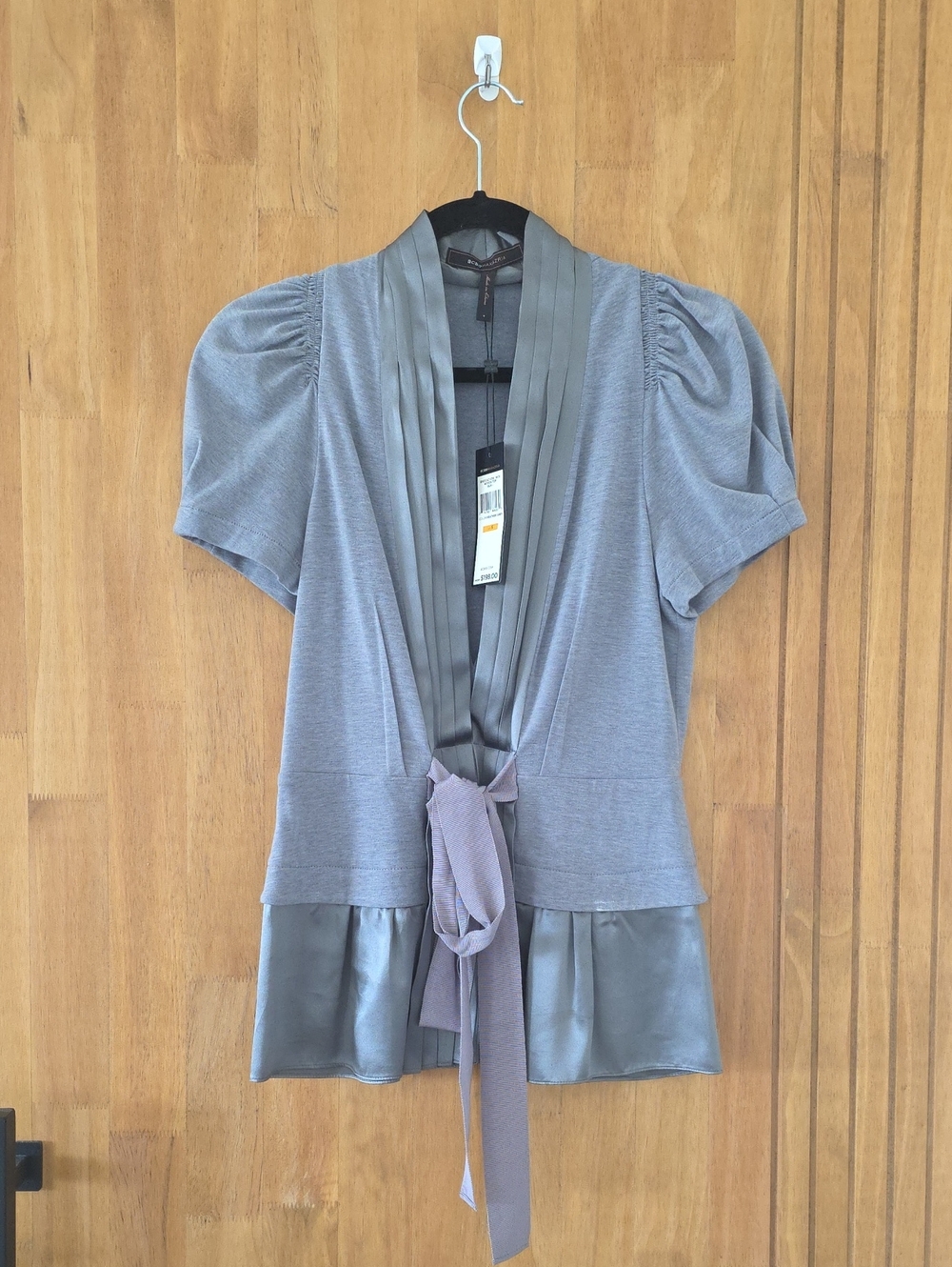 BCBGMaxAzria Heather Gray Pleated Satin-Trim Shirt